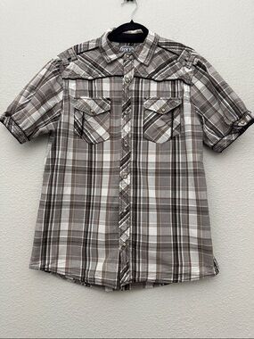 BKE Men's Shirt Brown Plaid Athletic Fit Pearl Snap Short Sleeve Size Large